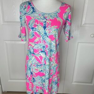 Lilly Pulitzer Lajolla Razberry Pink & Blue Mini Lobsters in Love Dress XS